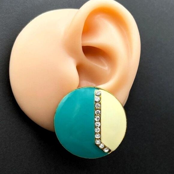 Yellow Gold with Teal and White Enamel and White Diamond Crystal Post Earrings - Picture 7 of 8